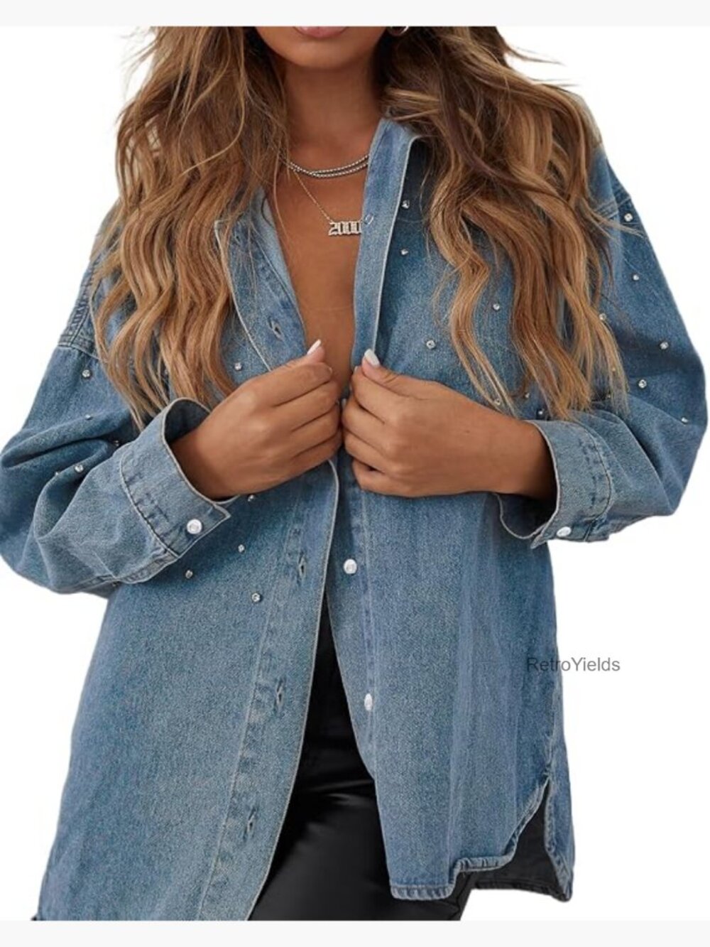 Oversized Denim Shacket Rhinestone Pearl Button Down Jacket